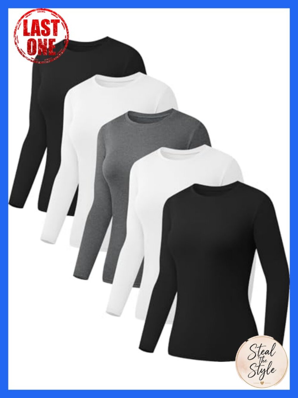 Women's Long Sleeve Crew Neck Slim Fit T-Shirts 5 Pack Soft Stretch Layering